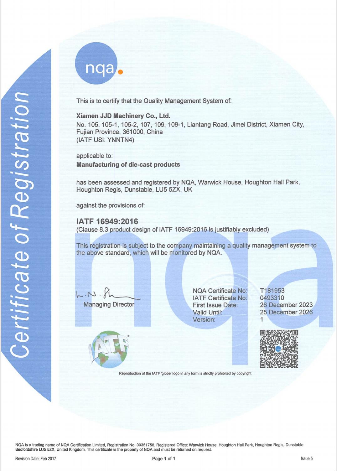 IATF 16949 certificate held by Xiamen JJD Machinery Co., Ltd.
